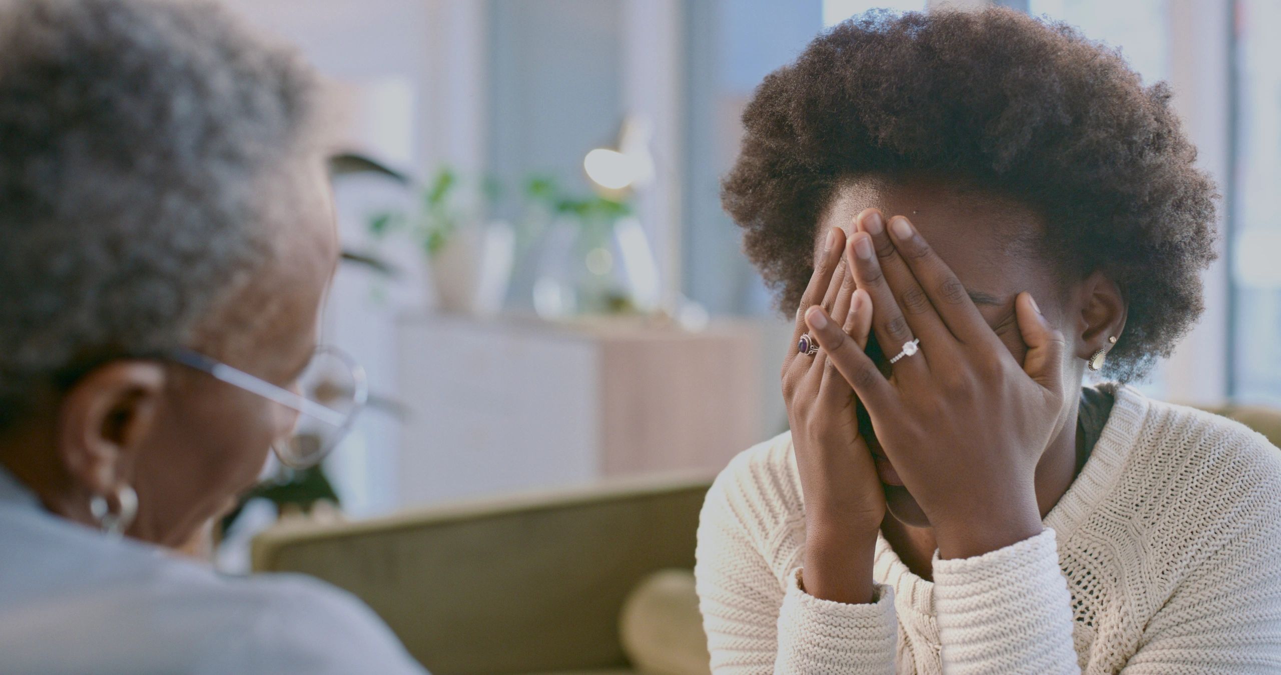 Supportive therapy conversation in a calm office setting